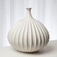 Florero-Rustic blanca  estriado boca fina